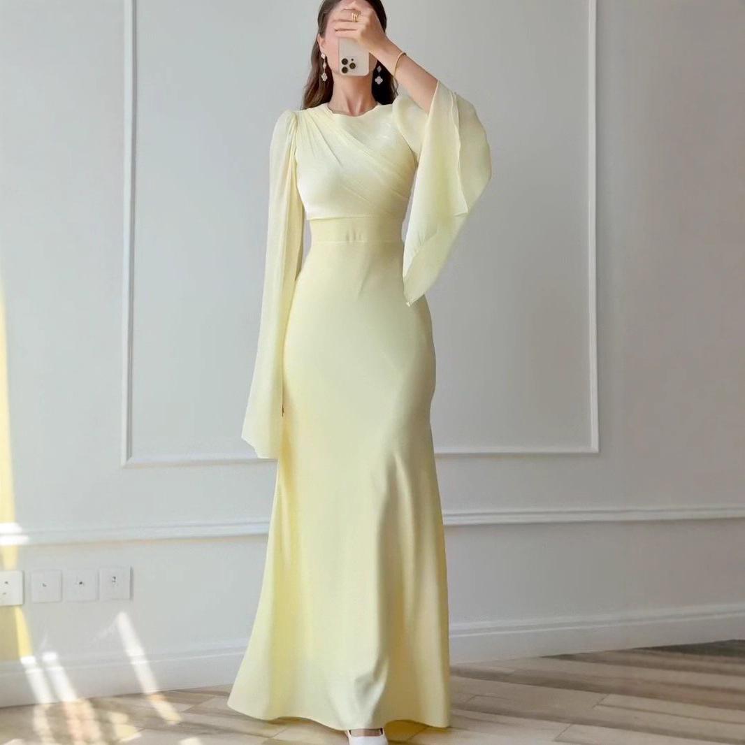 

2025 Осень Женское Модное Платье с Длинным Рукавом, Приталенное, с Круглым Вырезом S жёлтый