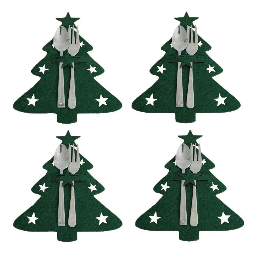 4PCS Household Elk Xmas Tree Table Decorations Cutlery Bag Christmas Knife Fork Holder Tableware Organizer