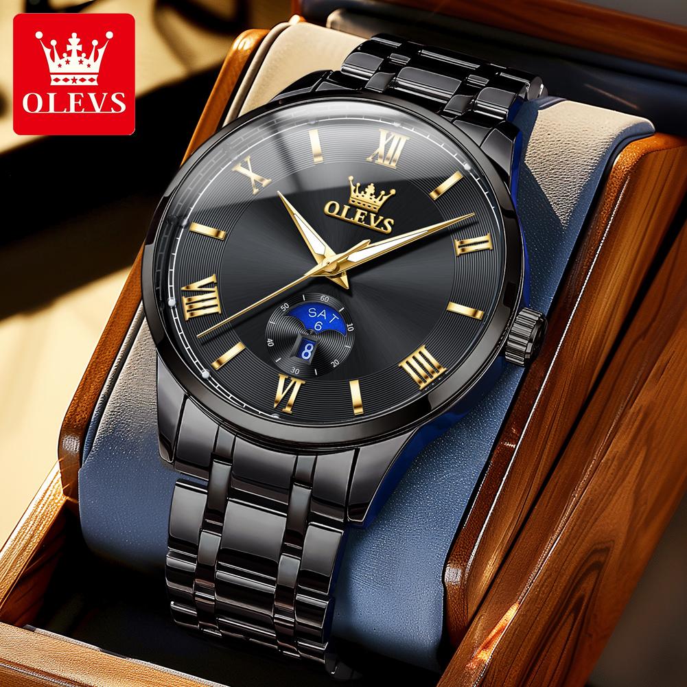 

OLEVS Модные деловые мужские наручные часы с люминесцентным ремешком из нержавеющей стали, водонепроницаемые кварцевые часы чёрный/золотой