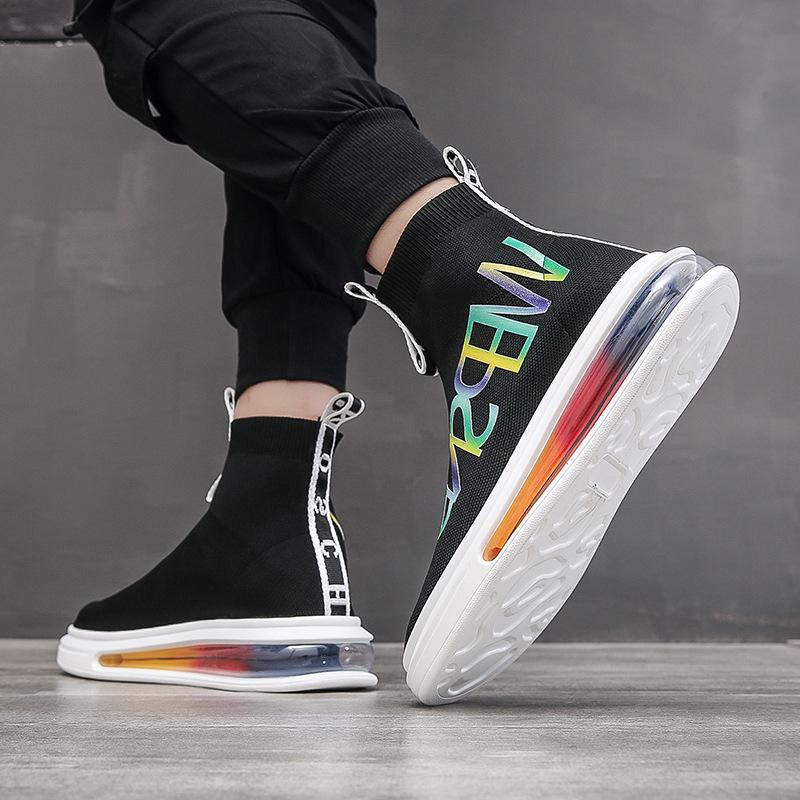 Men's high-top socks, shoes, fly-woven summer breathable trendy shoes, air cushion soft soles, fashion trend matching Hong Kong live broadcast