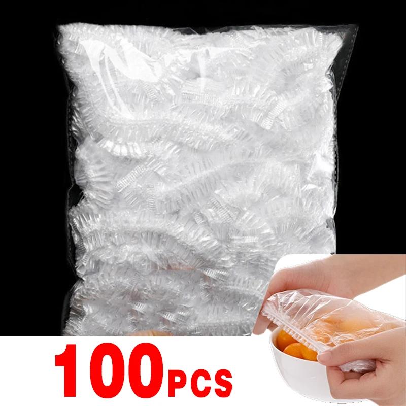

Одноразовая крышка для еды, пищевой мешок для хранения фруктов и овощей, эластичный пластиковый пакет, кухонная сумка для хранения свежести, сарановая пленка 100pcs/set