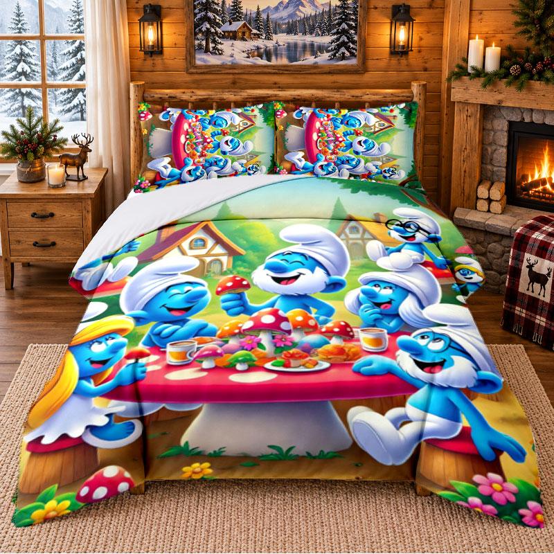 Smurfs Cute Pattern Bedding 3Pcs Set Bed Sheet And Pillowcases For Indoor Bedroom