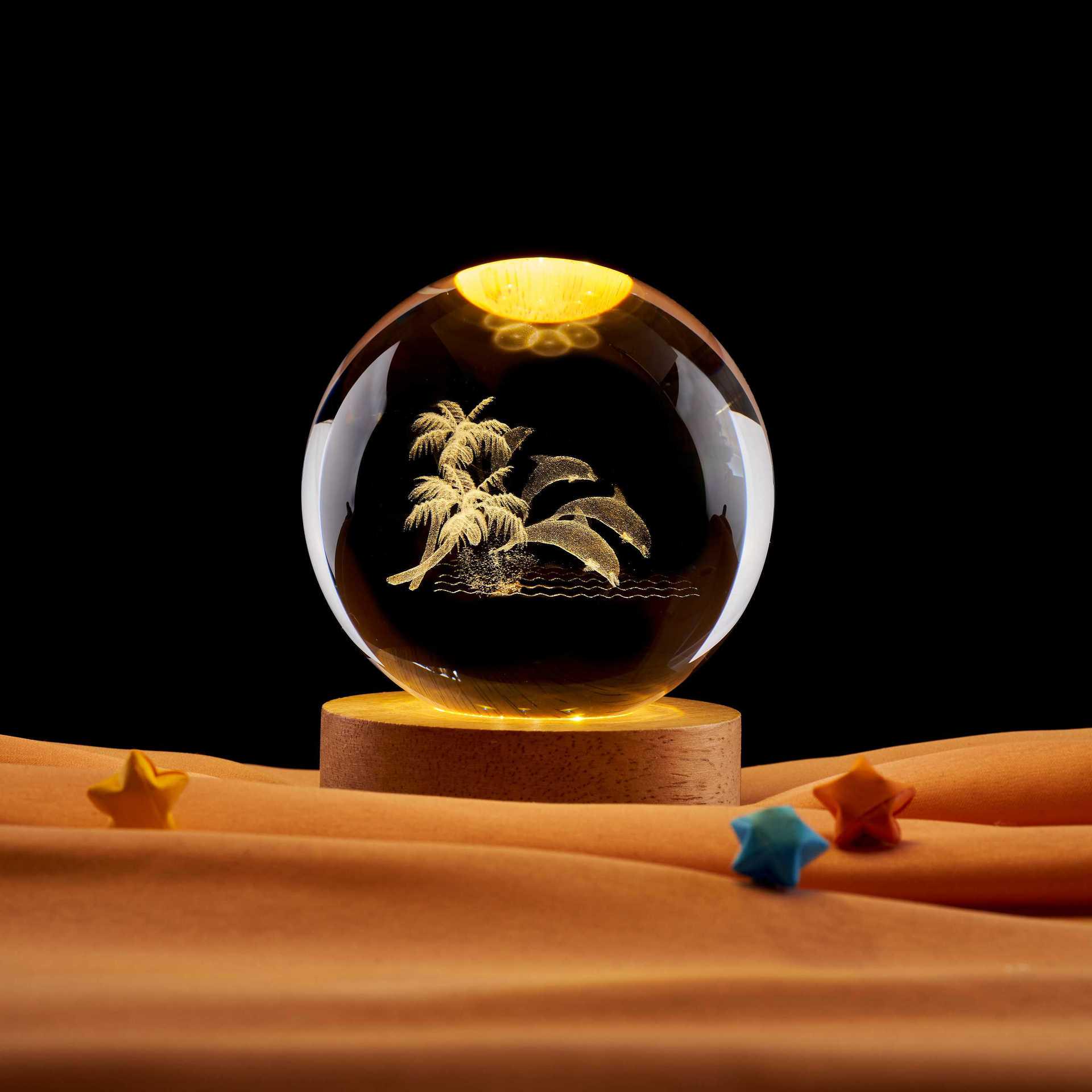 Dolphin Coconut Tree Underwater Music Box with Warm Light Laser Carved Crystal Ball Night Light No Specification