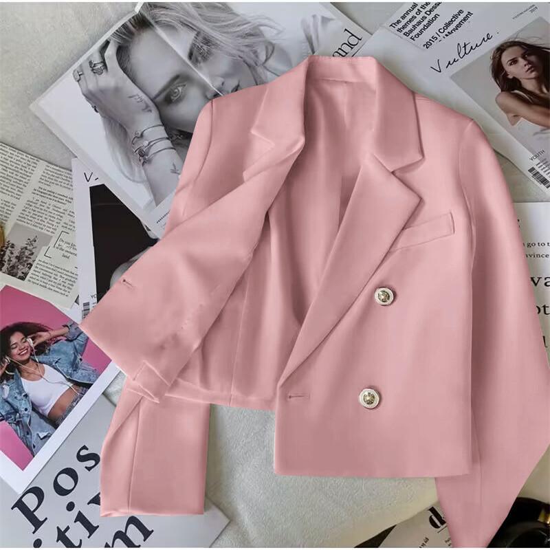 Women's Slim Fit Double-Breasted White Blazer, High-Waisted, Long-Sleeved, Short Suit for Spring/Autumn 2024, Petite Temperament.