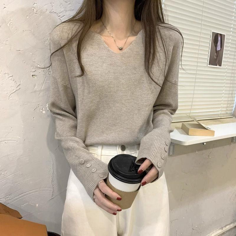 2025 Women s V-Neck Long-Sleeve Knitted Sweater - Spring/Autumn Loose-Fit Button-Up Top S 80-95 lbs хаки