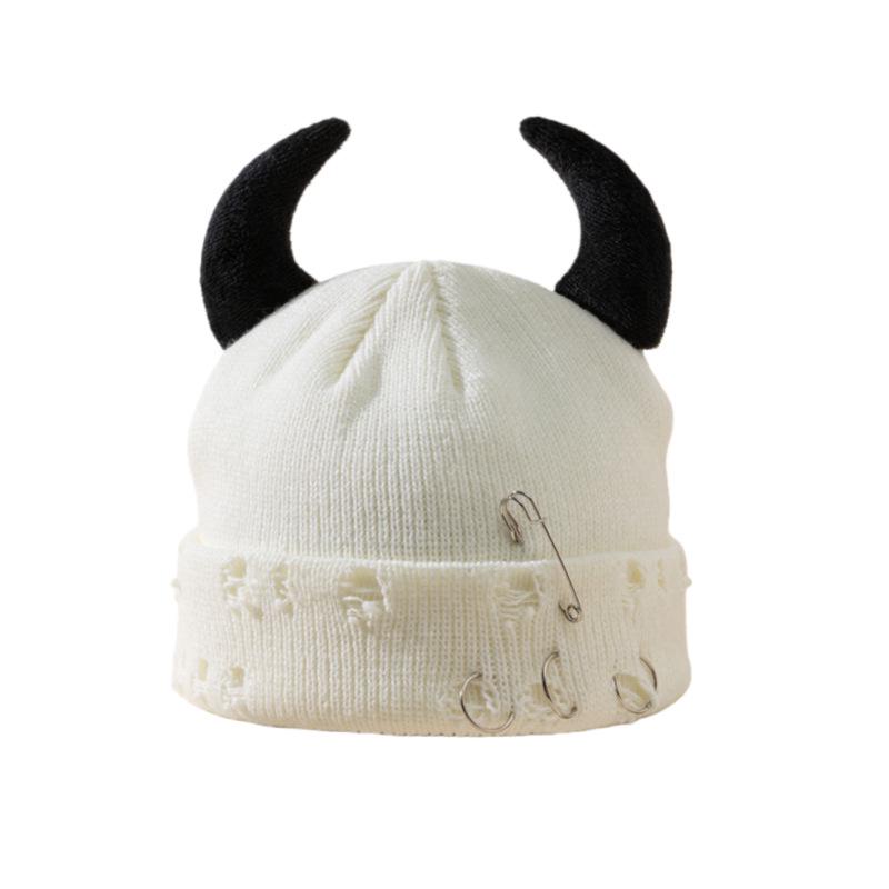 Korean Horn Button Wool Beanie with Devil Ears - Unisex Spring/Autumn Hat
