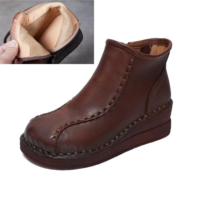Johnature Retro Soft Soled Wedges Short Boots Genuine Leather Women's Shoes Round Toe Plush Cotton Boots