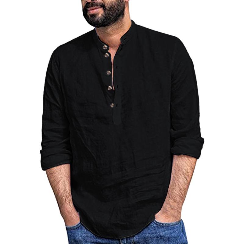 Spring Autumn Casual Men's Loose Shirt Standing Collar Cotton Hemp Long Sleeve Shirts