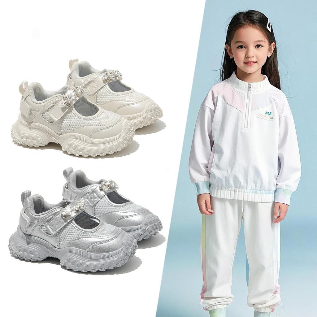 Children's Rhinestone Durian Sole Girls Hollow Running Shoes 2025 Spring Mesh Breathable Little Girl Light Sports Shoes
