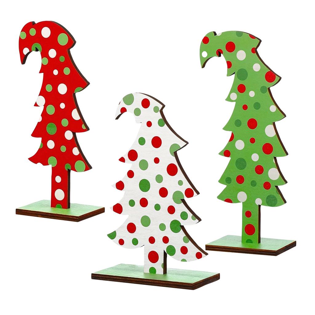 3 Pcs Lime Green Wood Christmas Tree Tabletop Christmas Tree Small Decor Standing With Rectangular Base For Home Tabletop Decor