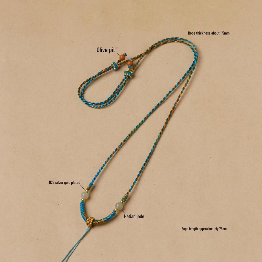 Luxurious Women's Hand-Woven Jade & Amber Adjustable Pendant Lanyard