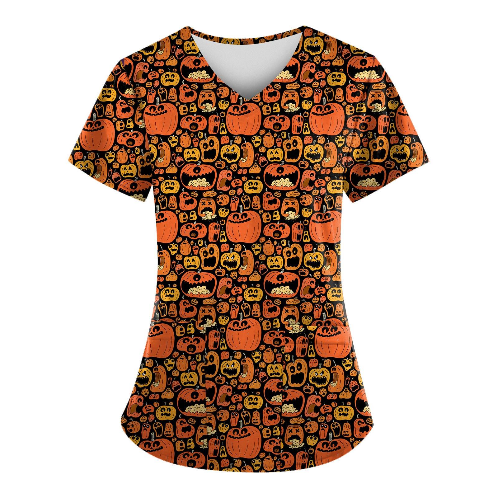 

Women s Personalized Halloween Print Short Sleeve V-Neck Tops Working T-shirts XL помаранчевий
