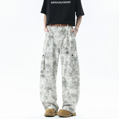 Retro Tie-dyeing Pants for Men's Summer High Street Loose Wide-leg Paratrooper Pants Wrinkled Dirty Casual Pants