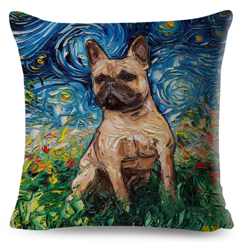 Both Sided Starry Sky Dog Cushion Cover Decor Oil Painting Cartoon Pet Animal Pillow Case for Sofa Home  Linen Pillowcase