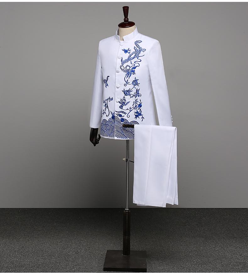 Men's Blue & White Porcelain Zhongshan Suit with Stand-up Collar & Embroidery for Performances