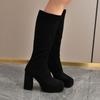 2025 Winter New Brand Women Boots Fashion Round Toe Slip on Knee-high Boots Square High Heel Long Boots Shoes Ladies Black