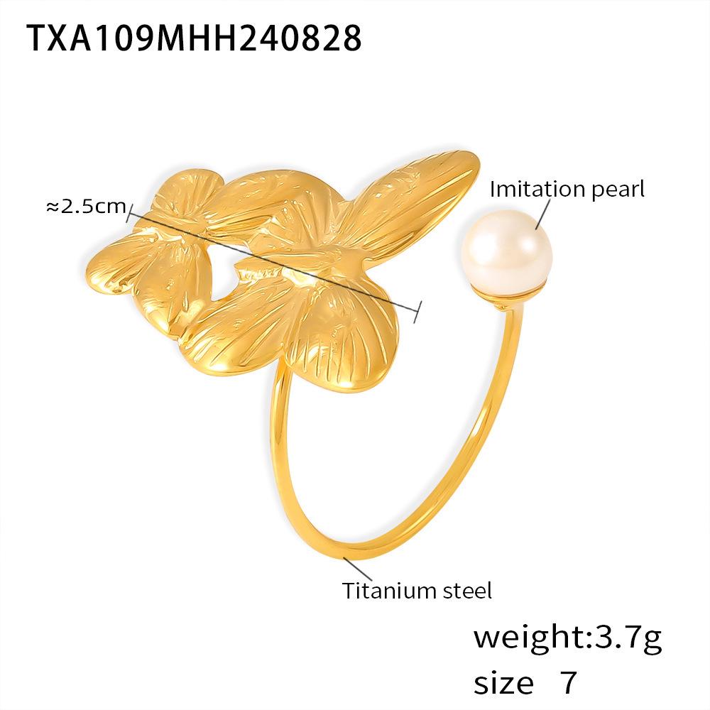 Pearl Flower 18K Gold Adjustable Titanium Steel Ring & Fashion Earrings Set