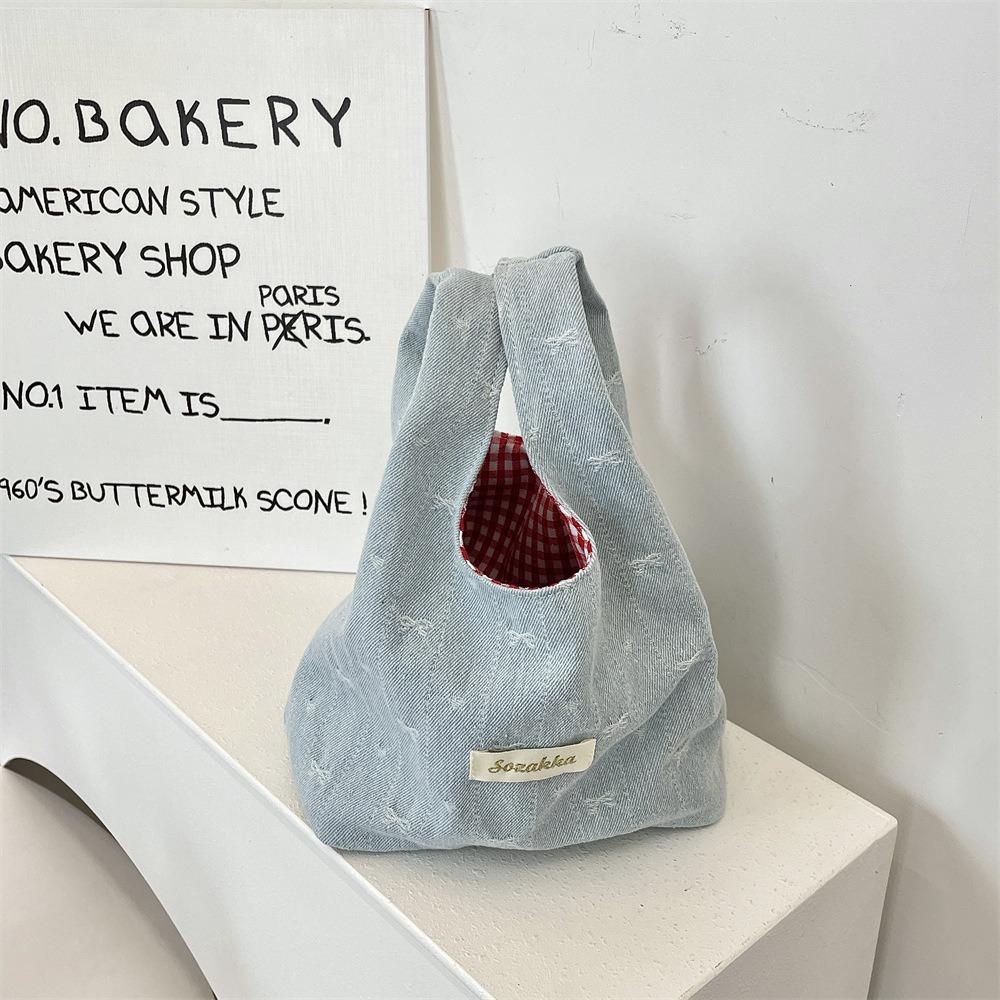 Korean Style Denim Bow Handbag Bowknot Cute Wrist Bag Fashion Denim Bucket Bag  Streetwear Style1