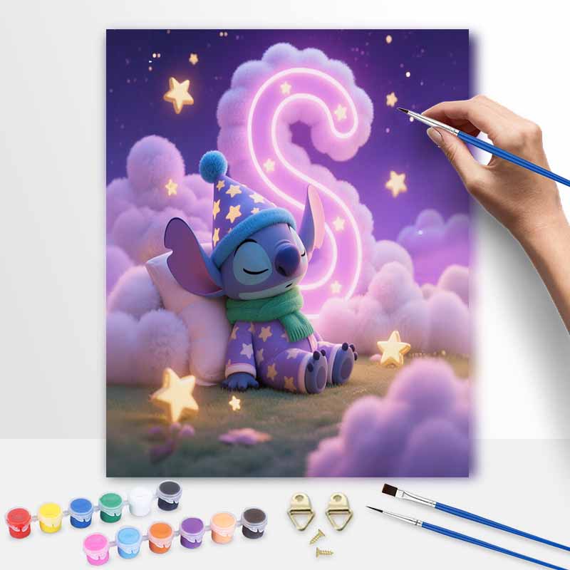 Disney Stitch Sleeping Oil Painting Art Painting Kit, Handmade Diy Art Painting Home Wall Decoration, Dreamy Starry Night Canvas Decor