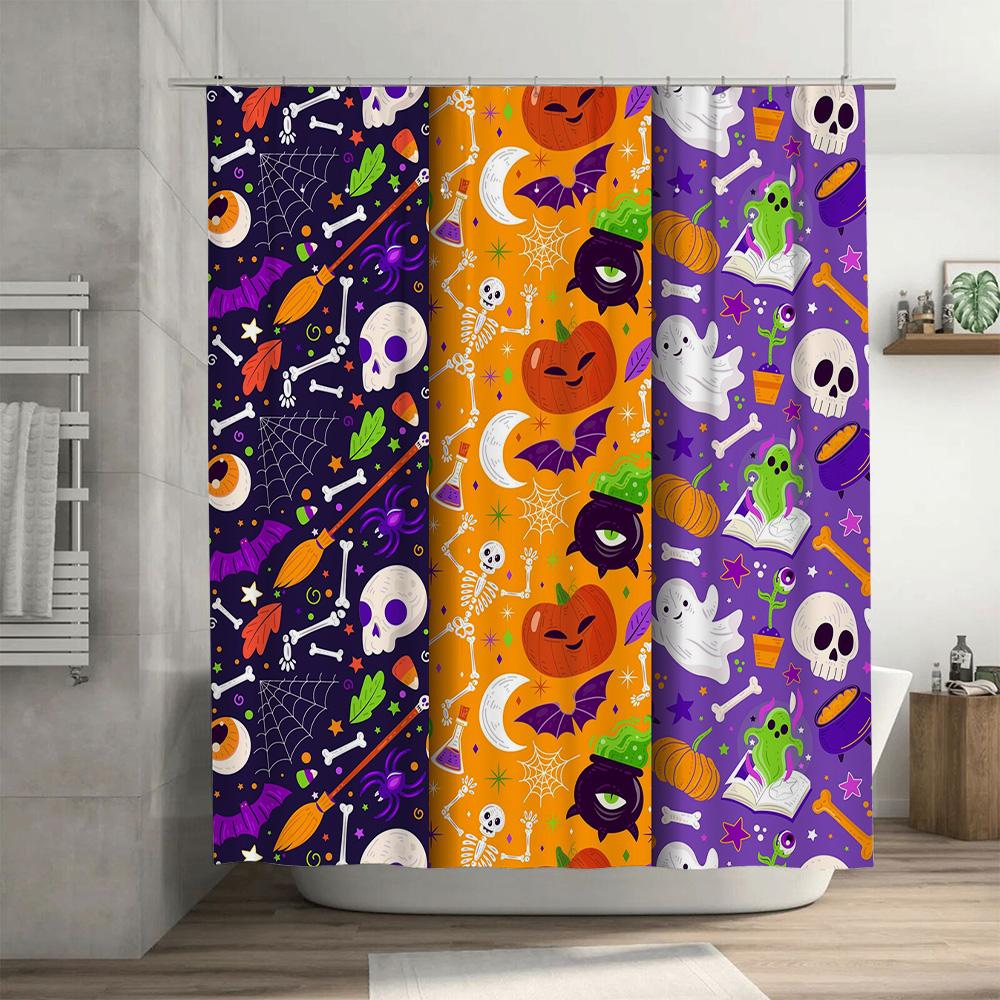 Spooky Halloween Themed Shower Curtains Purple Skulls Pumpkins Decor Set for Bathtub in Orange Ghosts Pattern 3D Printed Waterpr