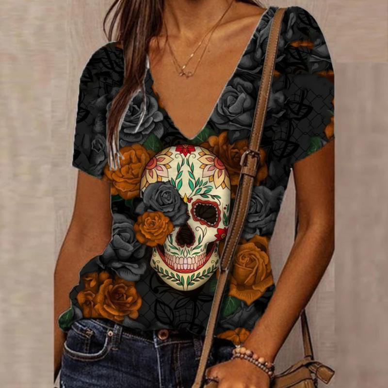 

Женская футболка с 3D-принтом в виде цветочного черепа, V-образным вырезом и коротким рукавом, классная уличная футболка, свободная одежда, повседневные топы, лето 2024 г. XXL