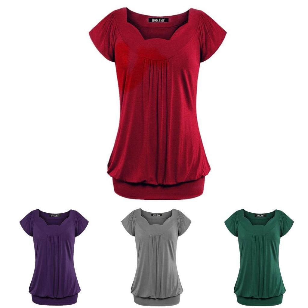 Elegant Women's Fashion Summer V-neck Short Sleeve Pleated Loose Blouse Plus Size