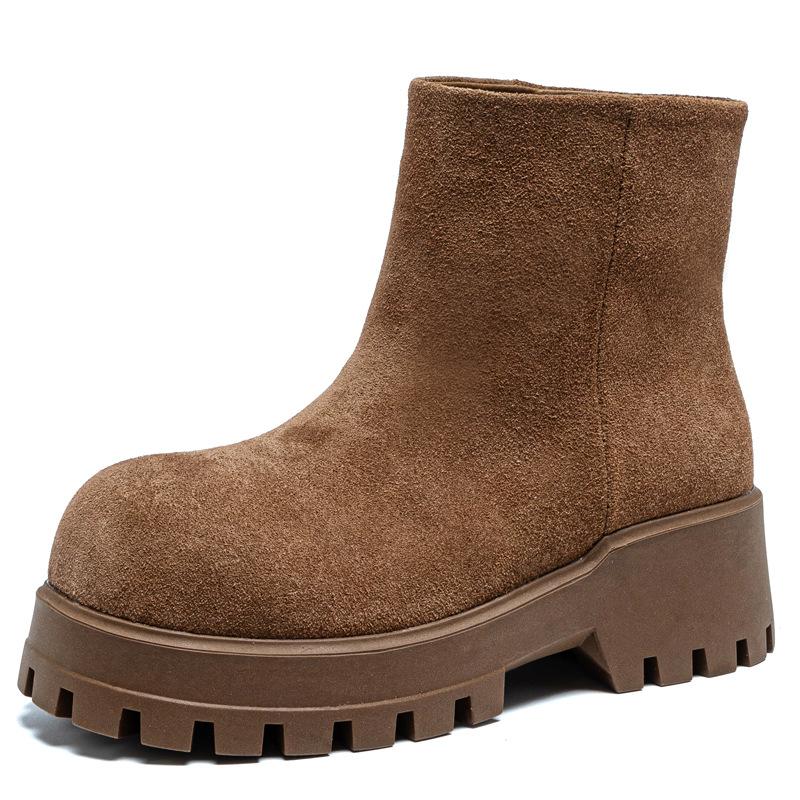 2025 autumn and winter new matte cowhide Martin boots women's thick-soled heightening rhubarb boots British style round head sleeve short boots