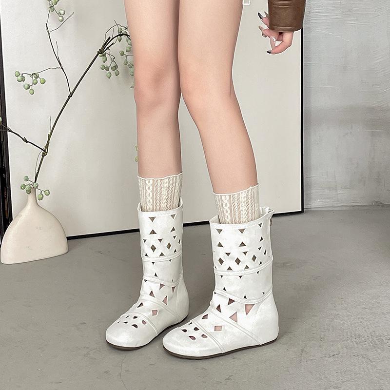Bottes courtes ajourées au design rétro, respirantes, à bout rond, bottes hautes, pour femmes, automne et été, tempérament mode, bottes résille, bottes mode