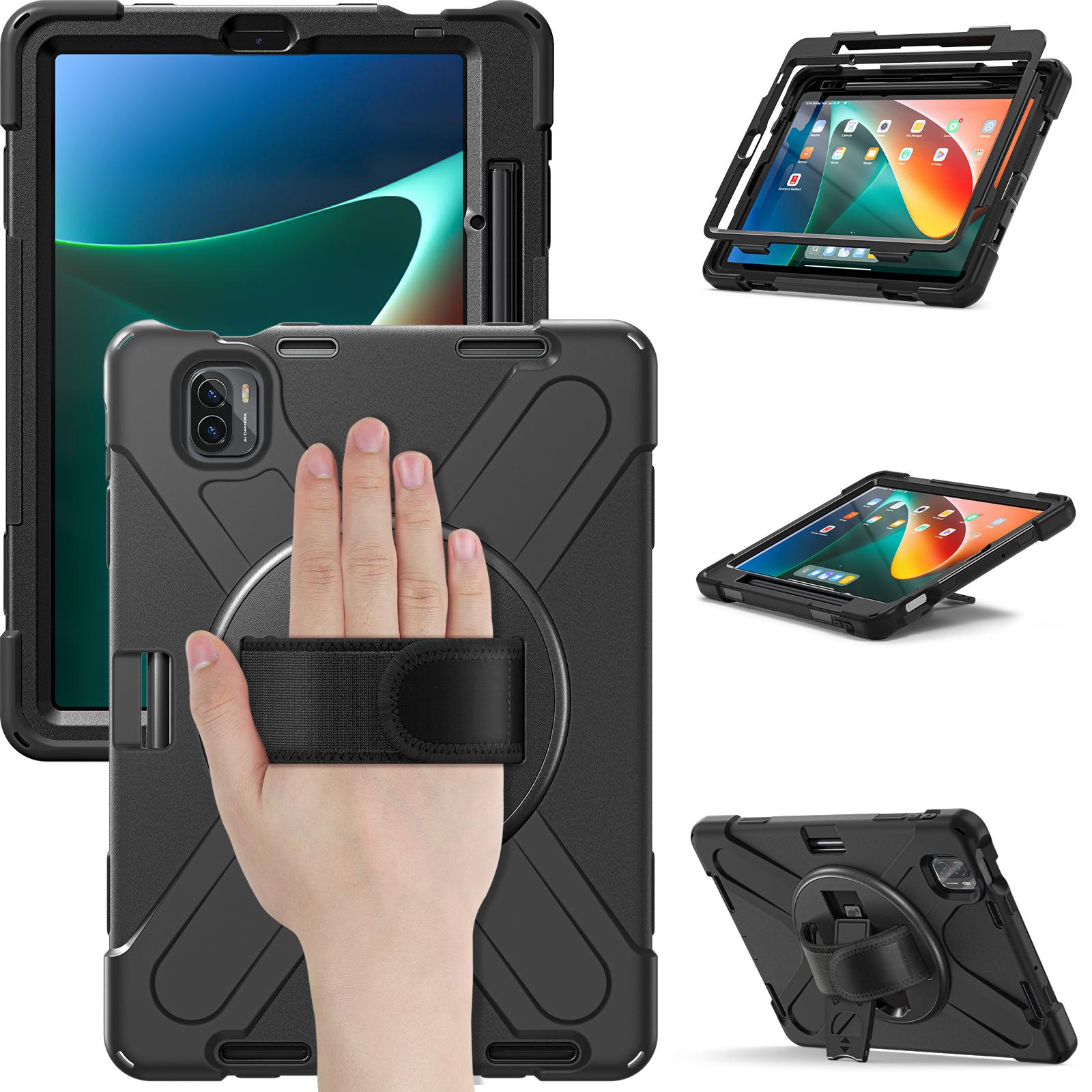 

For Xiaomi Pad 5/Pad 5 Pro Case Rotary Kickstand PC+Silicone Hand Strap Tablet Cover Black
