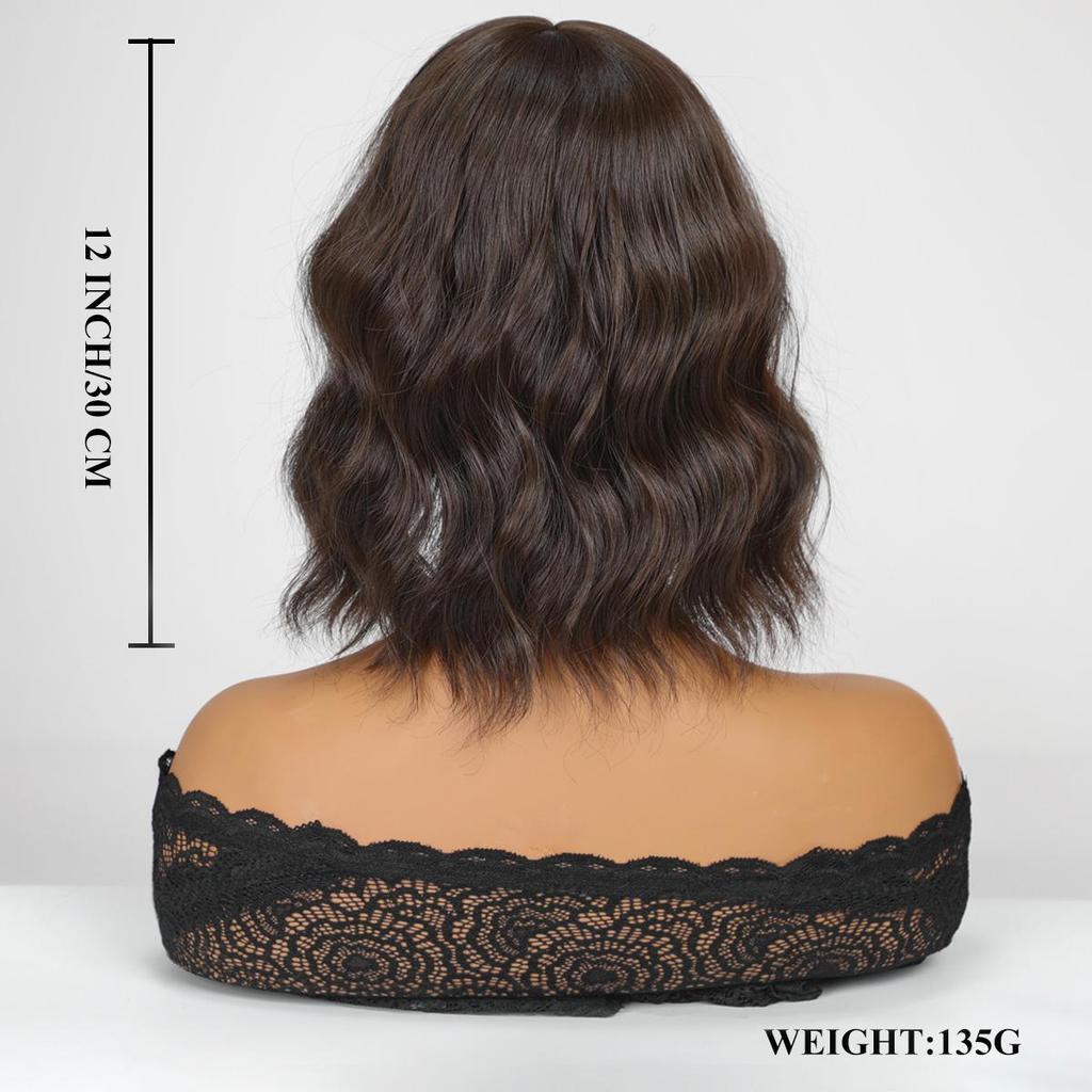 Short Curly Wavy Bob Wig 12 Inch Shoulder Length Middle Part Short Brown Wig Heat Resistant Synthetic Party Costume Cosplay Wig For Girls Wear Wigs