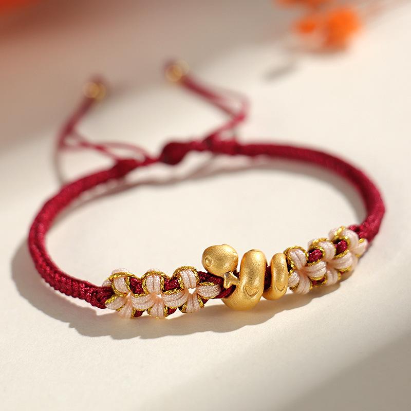 Sterling Silver Year of the Snake Red String Bracelet: Hand-woven Sand Gold Peach Blossom Knot, Zodiac Gift for Women
