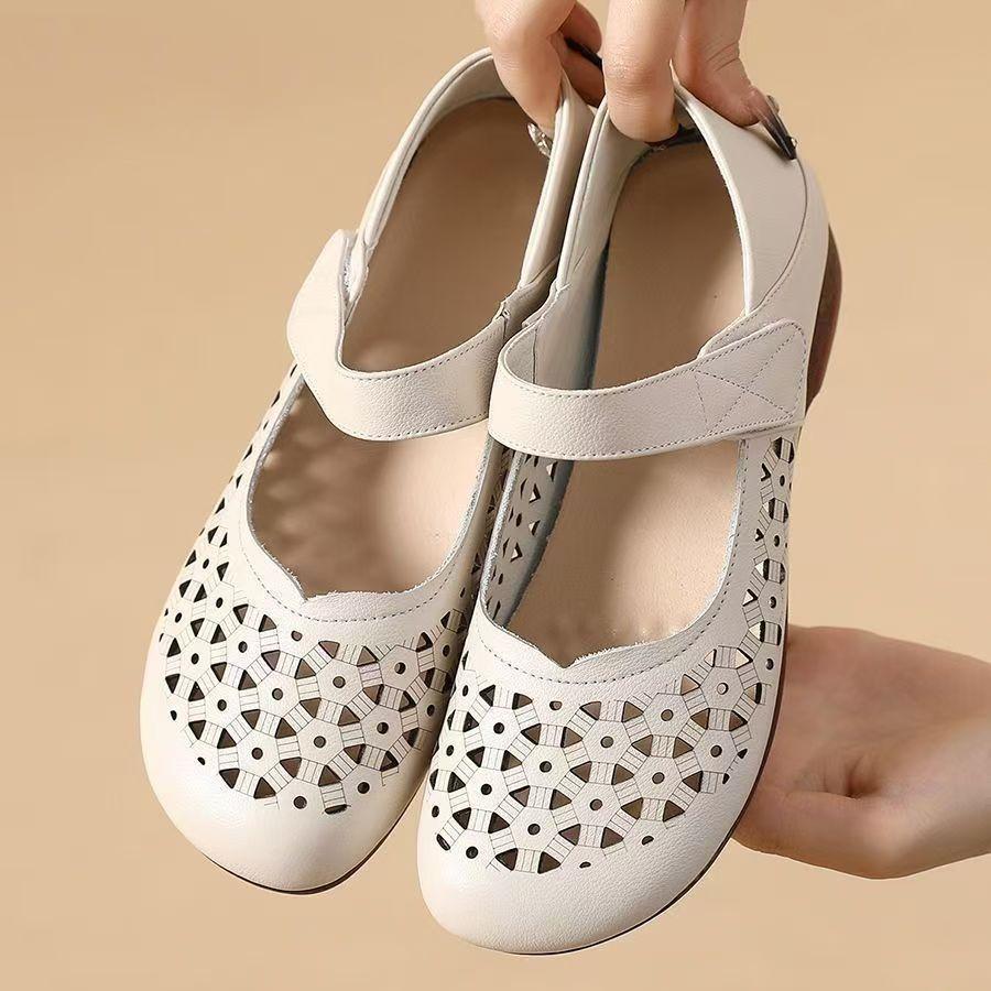 Women's Leather Baotou Hollow Out Flat Sole Sandals Summer New Soft Sole Breathable Velcro Lightweight Cave Shoes Elderly Sandal