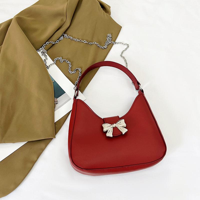 Sweet Solid Color Bow Handbag Women's 2025 New Trendy Fashion Niche Underarm Bag Chain Messenger Bag