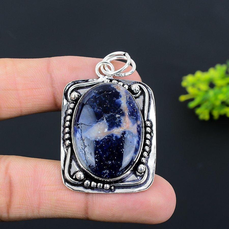 Sodalite Gemstone Handmade 925 Sterling Silver Jewelry Pendant 2.17" j3p76
