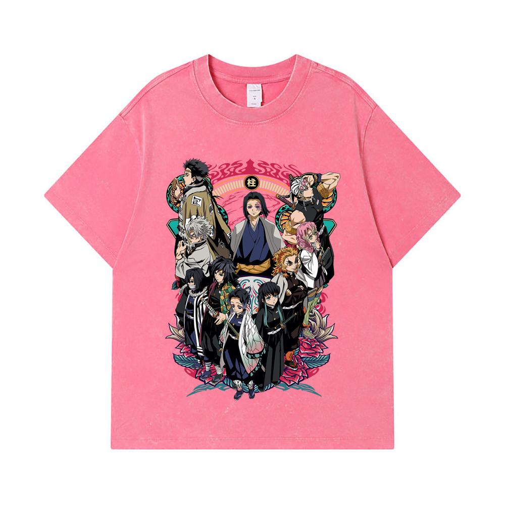 275 GSM Washed T-shirts 100% Cotton Demon Slayer V62 Hashiras Print Unisex Heavy Cotton T Shirt