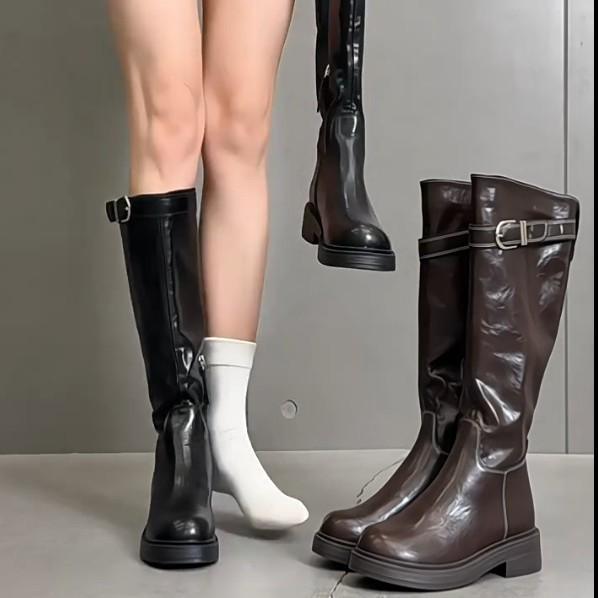 Cowhide version~ long boots women's autumn and winter retro side zipper thin long boots but knee thick heel high boots knight boots