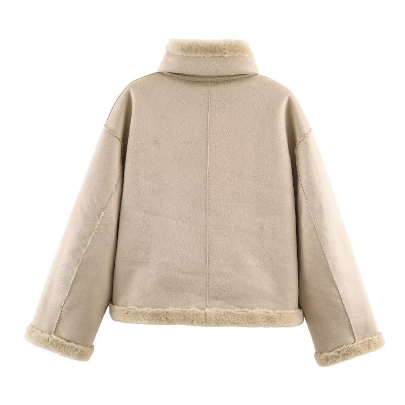 Women Reversible Stand Collar Long Sleeve Short Jacket Winter Casual Loose Versatile