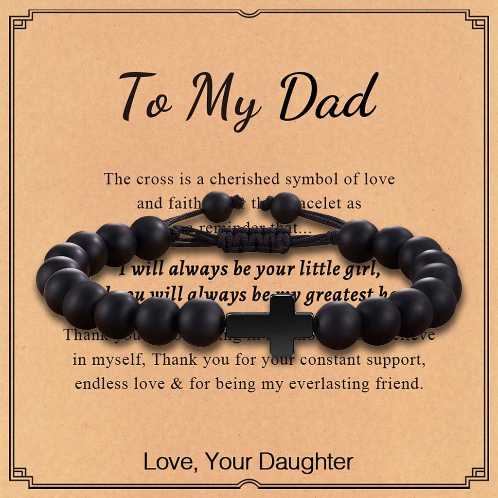 Father's Day Gift Bracelet Black Cross Pendant Black Rope Braided Adjustable 8mm Black Frosted Cross Bracelet