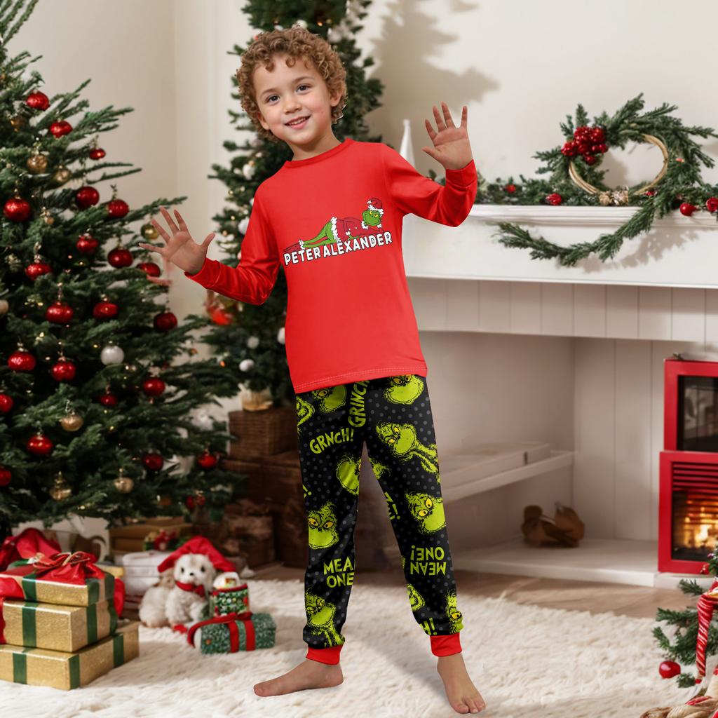 Family Matching Printed Long Sleeve Round Neck Pajama Set with Pants for Parents and Kids