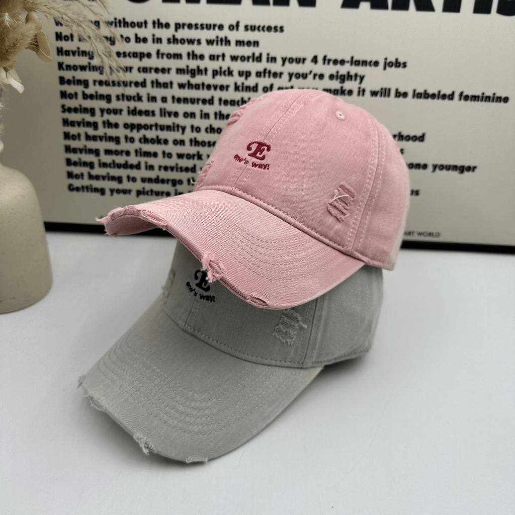 Old ripped burgundy baseball cap retro letter embroidery soft top cap trendy brand street versatile shade