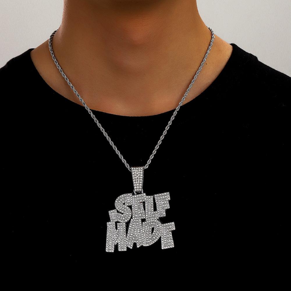 Heißer Verkauf Neues Produkt Vollbesetzter Diamantbuchstabe SELFMADE Legierung Anhänger Personalisiertes Logo Hip Hop Halskette Herrenhalskette