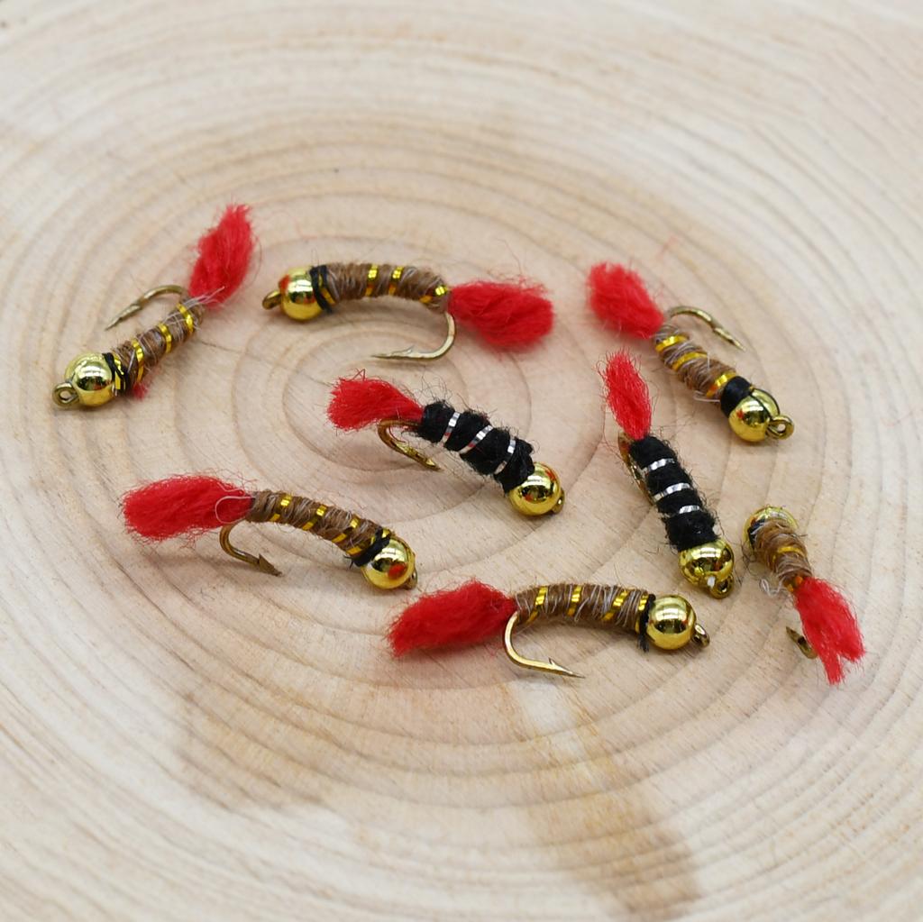 MNFT 10Pcs 14# Beadhead Red Tail Nymph Fly Fishing Lure Black & Brown Artificial Bait