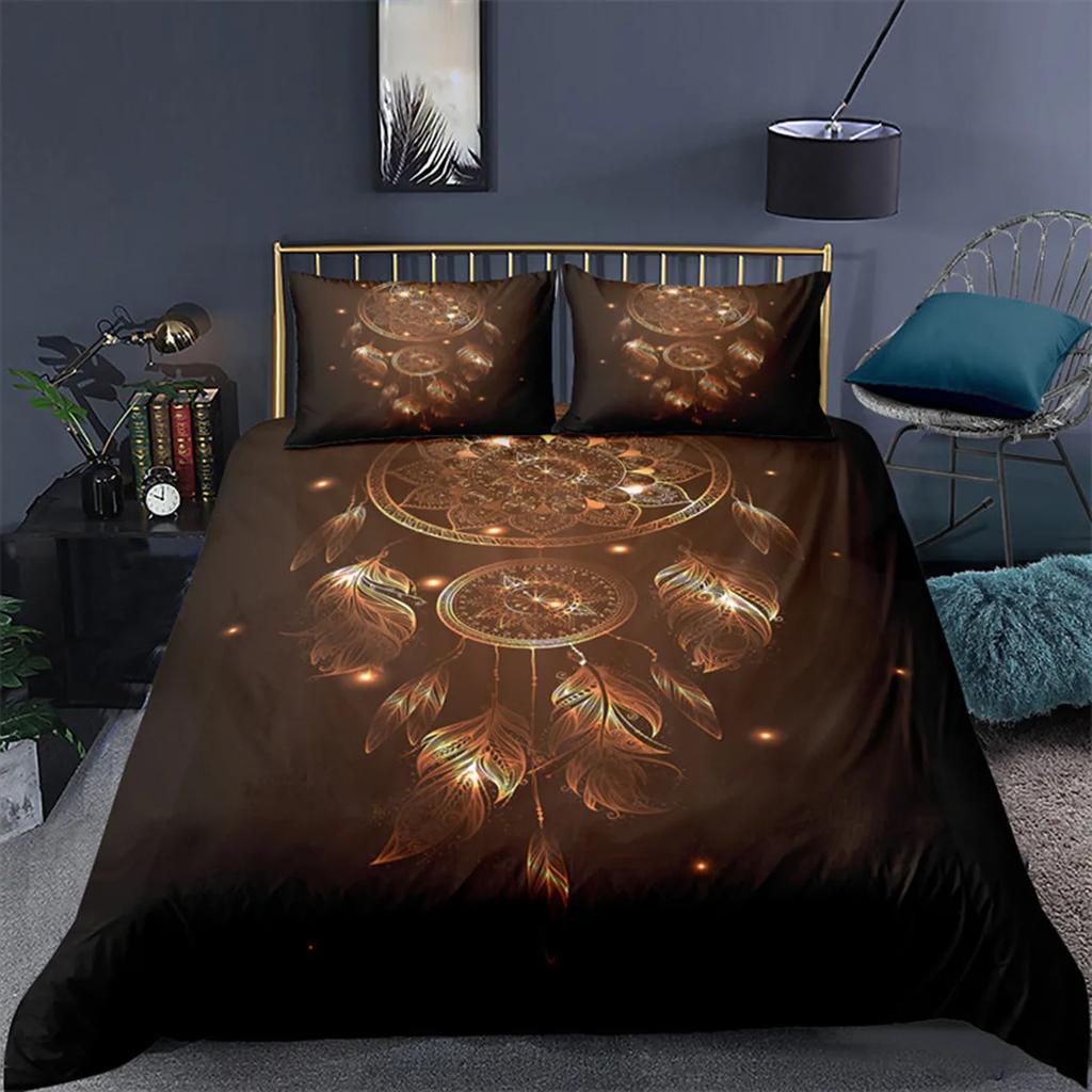 Dreamcatcher Bohemian Mandala Sun Moon and Feather Print Duvet Cover Microfiber Bedroom Decorations for Women Gifts Queen King