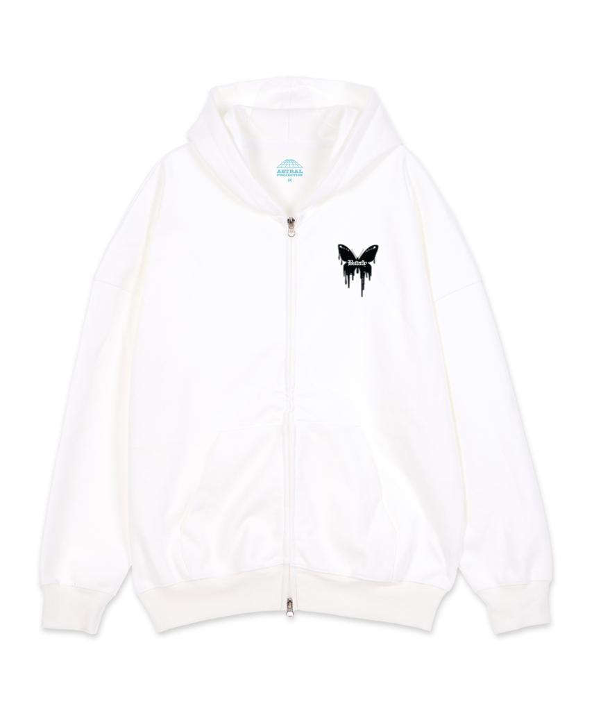 Astral Projection Butterfly Oversized Wide Shoulder Zip-Up Hoodie_White