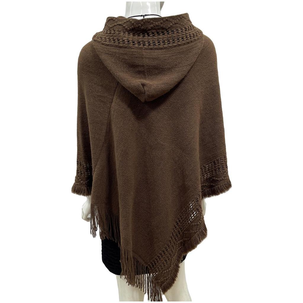 2023 Women's Solid Color Hooded Tassel Cutout Plus Size Slimming Cape Shawl
