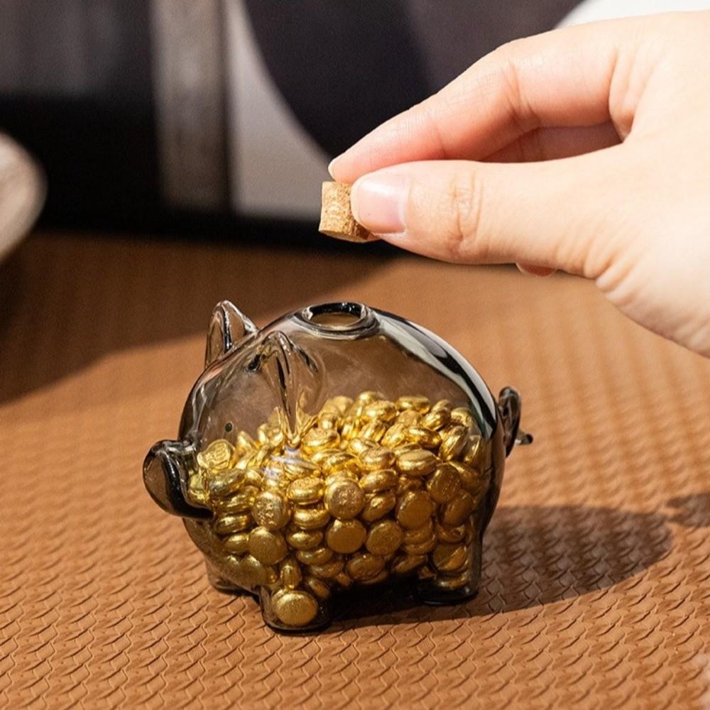 Visible Coins Saving Box Transparent Glass Money Jar Golden Beans Container  Desktop Use