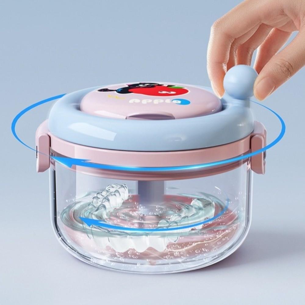 2-in-1 Denture Cleaning Box Hand Cranked Double Layer Orthodontic Retainer Box with Strainer with Mirror Braces Storage Box