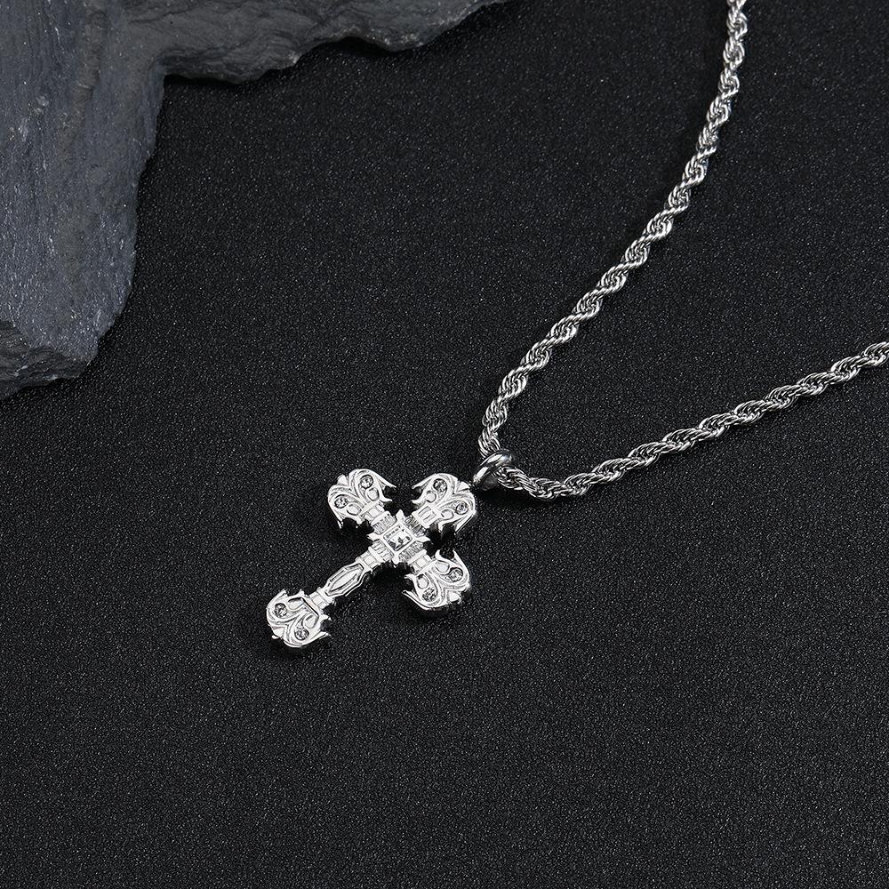 

European and American Hip-Hop Cross Zircon Pendant Personality Men s Necklace Titanium Steel Necklace Non-Fading Women s Summer Accessories Steel Color-60CM+5CM