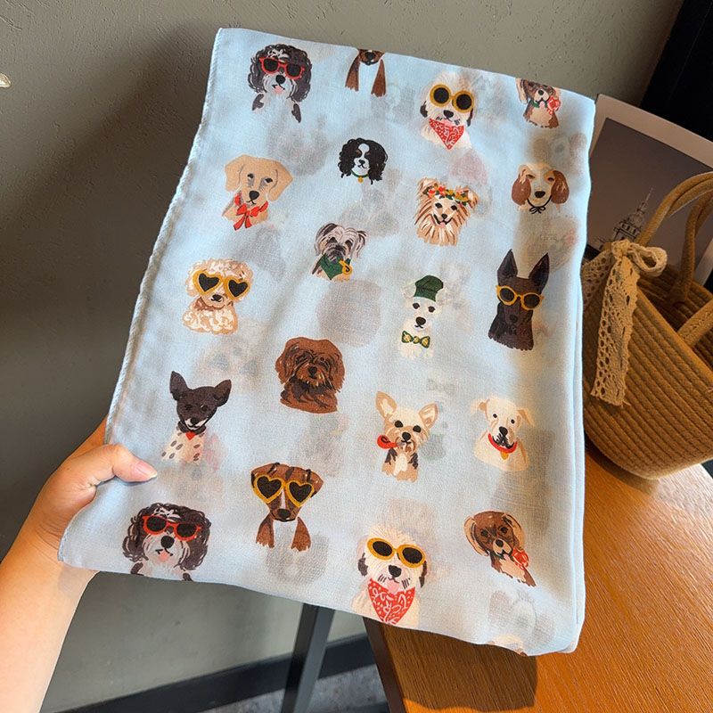 Stylish Dog Print Scarf with Fashion Glasses Design Lightweight Cotton Viscose, Breathable & Windproof for Spring/Autumn Travel