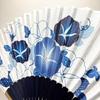 [Hanakanzashi] Women's Folding Fan, Morning Glory Pattern, Indigo Blue, with Fan Case, Cotton Fabric, 21cm